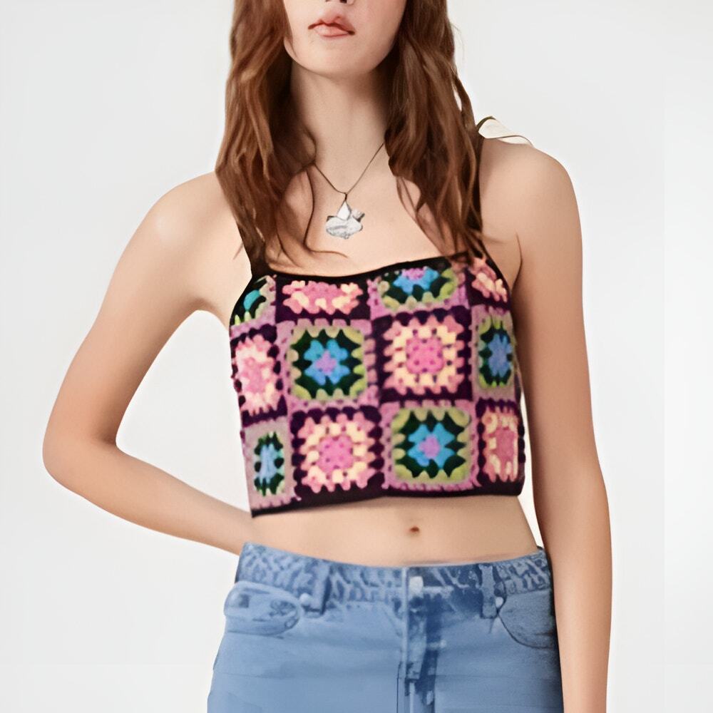 Forever 21 Womens Boho Summer Colorful Granny Square Crochet Cami Crop Top Small